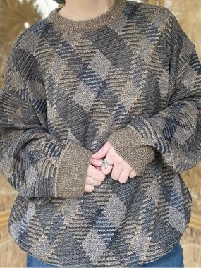 90s Towncraft Brown Black Grey Argyle Diamond Patterned Knit Sweater Crewneck XL